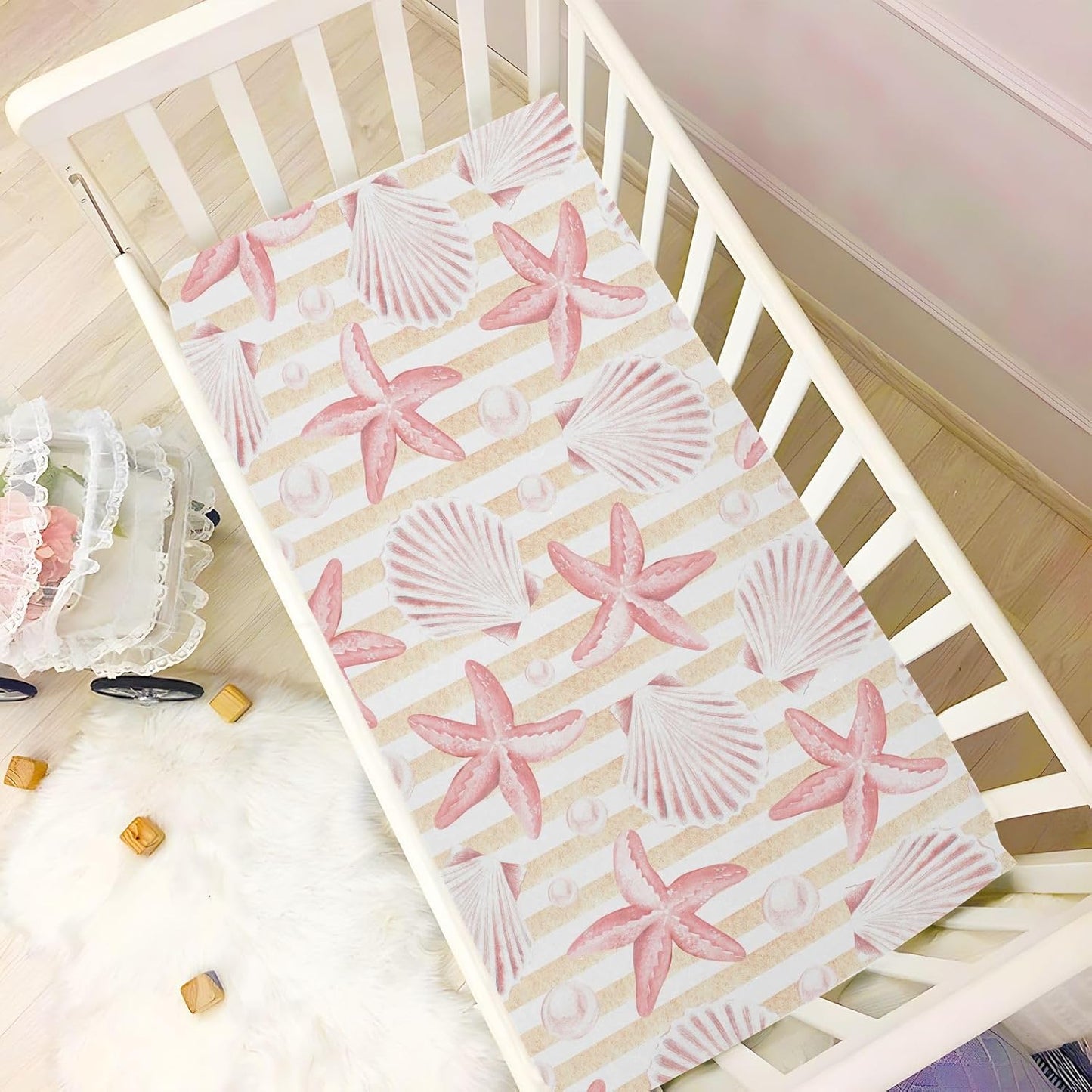 Fitted Crib Sheets Turtle Sea Horse Stretchy Portable Playard Sheets for Baby Toddler, Breathable Soft Mini Crib Mattress 39 x 27 in for Boys and Girls