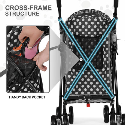 MoNiBloom 4 Wheels Pet Stroller, Easy-Fold Puppy Cage Jogger Stroller with Sun Cover, Pad and Rear Storage Bag, Breathable and Visible Mesh for Small/Medium Pets up to 22 lbs, Black