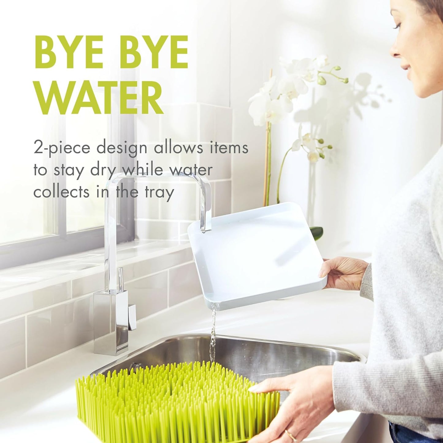 Boon Lawn Countertop Baby Bottle Drying Rack with Antimicrobial Tray - Baby Bottle Dryer and Organizer -Feeding Supplies - Gray - 13.5 x 11 x 2.5