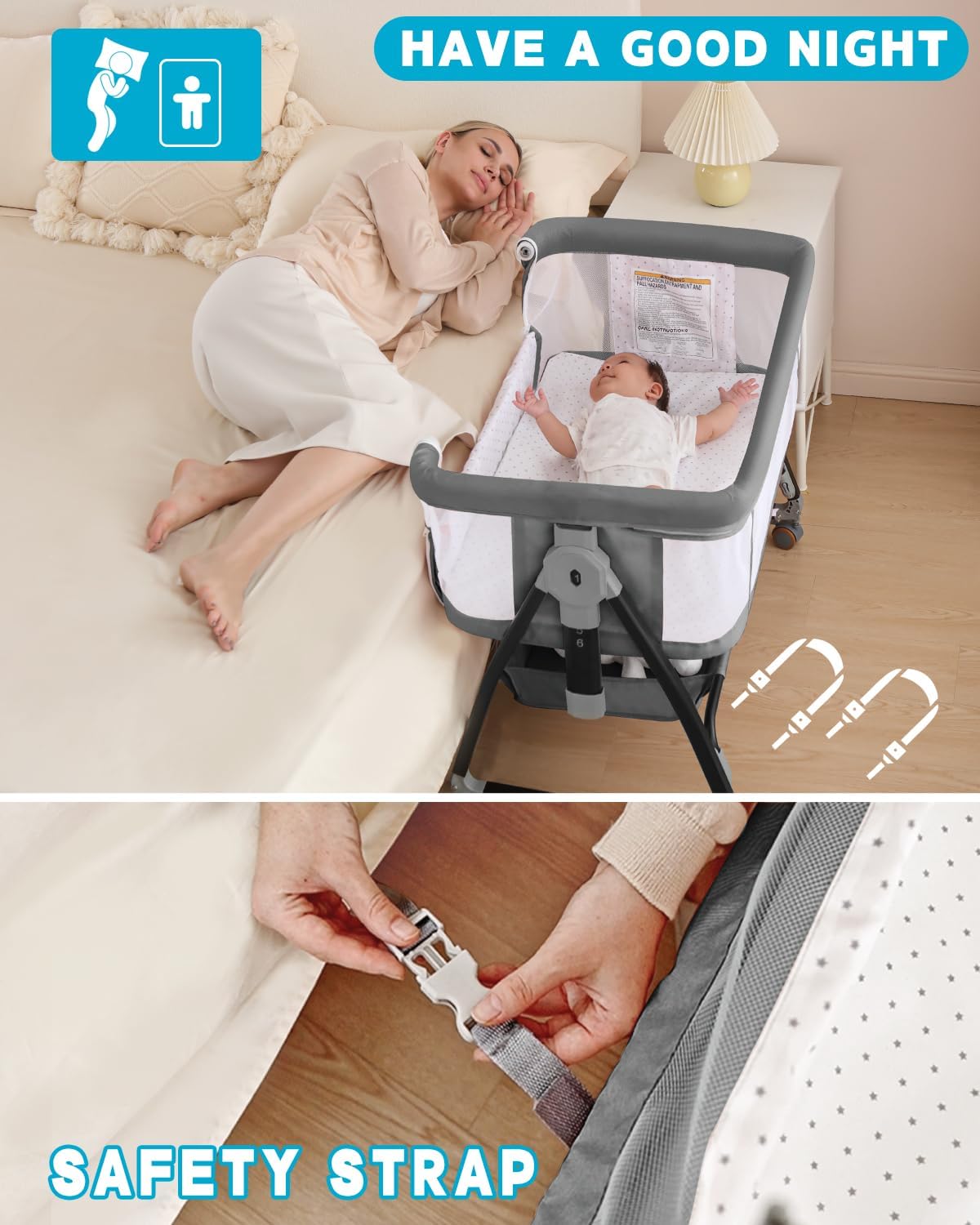 Bedside Bassinet for Baby, 3 in 1 Breathable Mesh Baby Bassinet, 6 Height Adjustable, Easy to Assemble, Bassinet Bedside Sleeper with Wheels, Mosquito Net, Storage Basket, Bassinets for Newborn Baby | Multi-functional