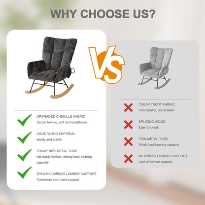 Rocking Chair Nursery with Airbag, Comfy Modern Nursery Rocking Reading Chair indoor with Footrest, Cozy Upholstered Glider Rocker Chairs for Living Room Bedroom Offices(Chenille, Dark Grey)