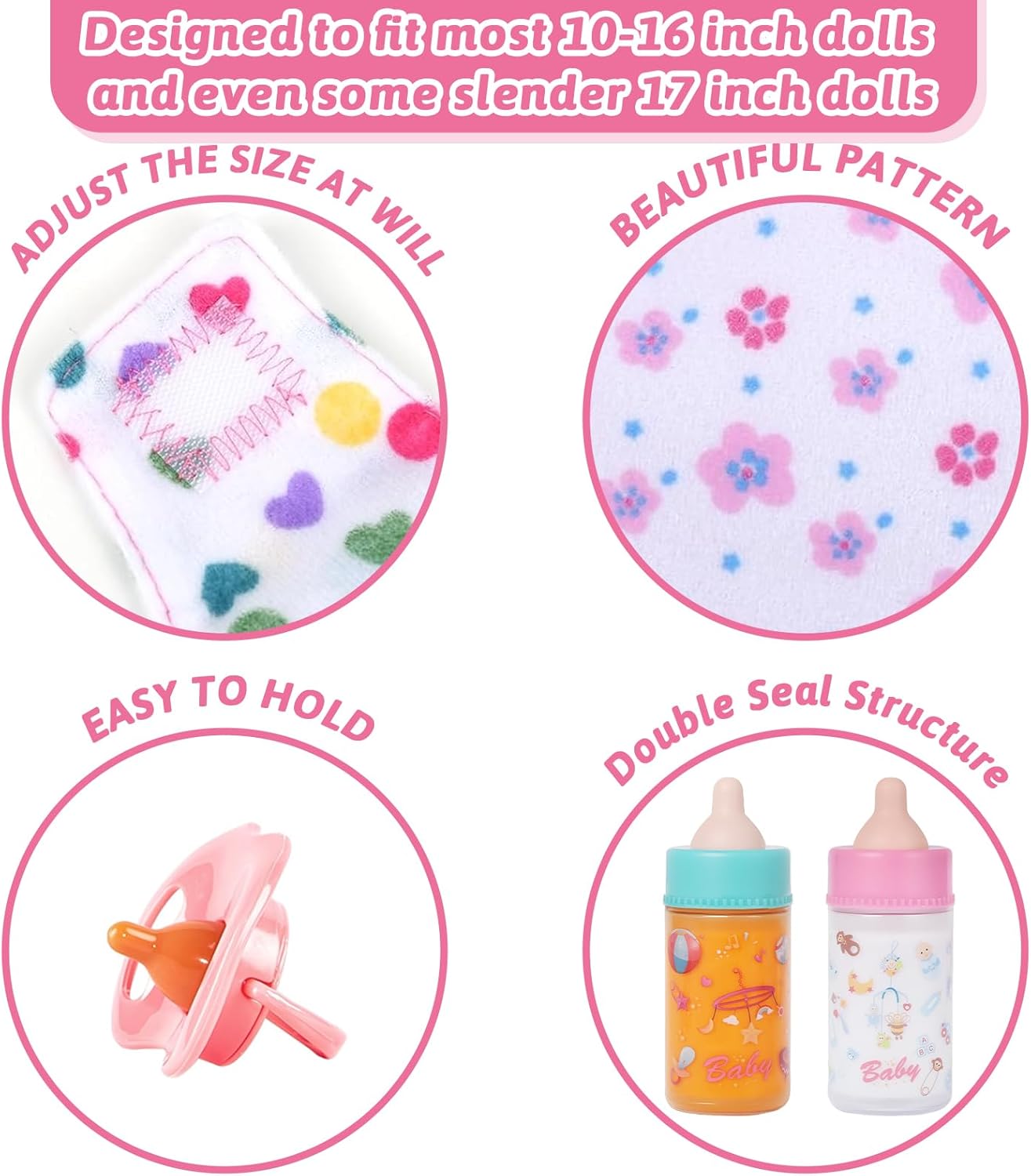 CARANOVO Baby Doll Accessories Set – 7 Pcs Feeding and Caring Set with Magic Disappearing Bottles, Pacifier, Diapers and Bibs Doll Pretend Play Gift for Kids