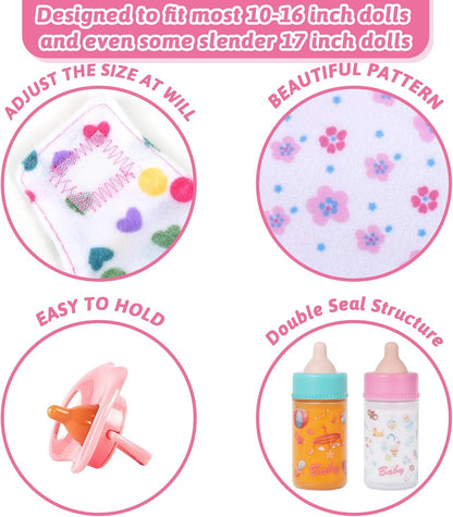 CARANOVO Baby Doll Accessories Set – 7 Pcs Feeding and Caring Set with Magic Disappearing Bottles, Pacifier, Diapers and Bibs Doll Pretend Play Gift for Kids