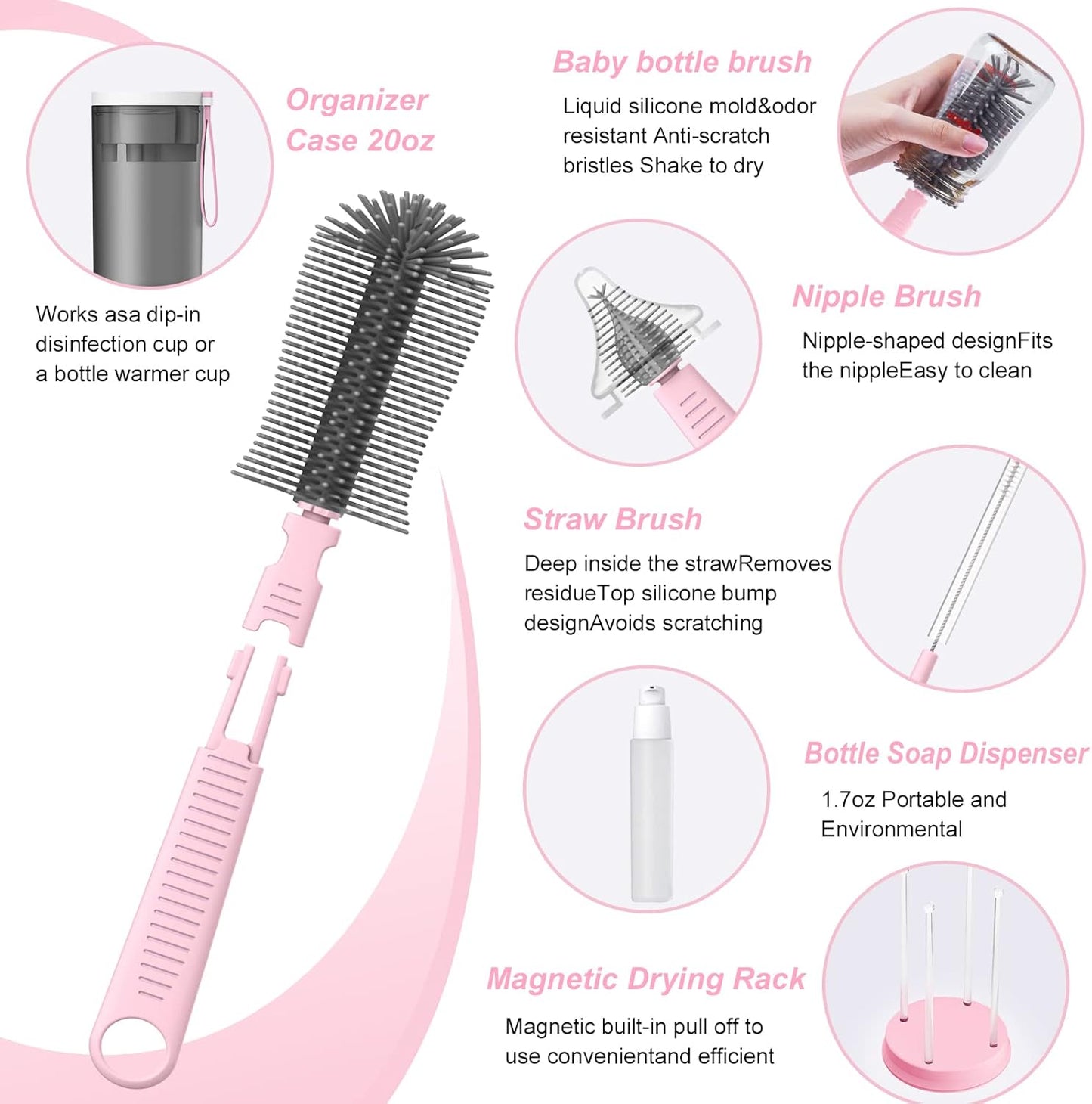 WHNLTravel Baby Bottle Brush Set with Bottle Cleaner Brush Set and Drying Rack,Gift for Newborn Mothers, Suitable for Travel and Home(Yellow)