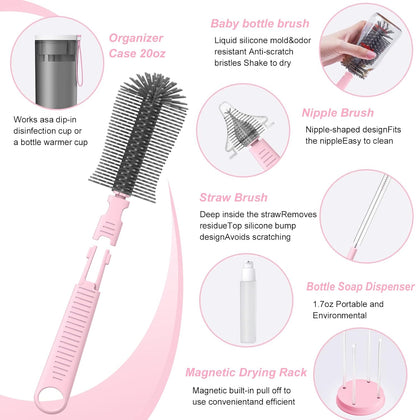 WHNLTravel Baby Bottle Brush Set with Bottle Cleaner Brush Set and Drying Rack,Gift for Newborn Mothers, Suitable for Travel and Home(Yellow)