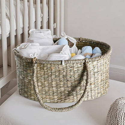Premium Wicker Baby Diaper Caddy Organizer, Woven Seagrass Basket with Handles, Diaper Basket with Dividers (Seagrass)