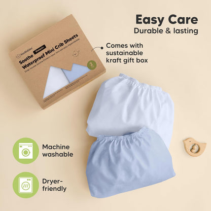 2 Pack and Play Sheets, Waterproof Mini Crib Sheets Fitted - 38x26 Organic Cotton Pack N Play Sheets for Graco Pack and Play Mattress, Playard Baby Crib Sheets,Neutral for Boy,Girl,Toddler(KeaSafari)