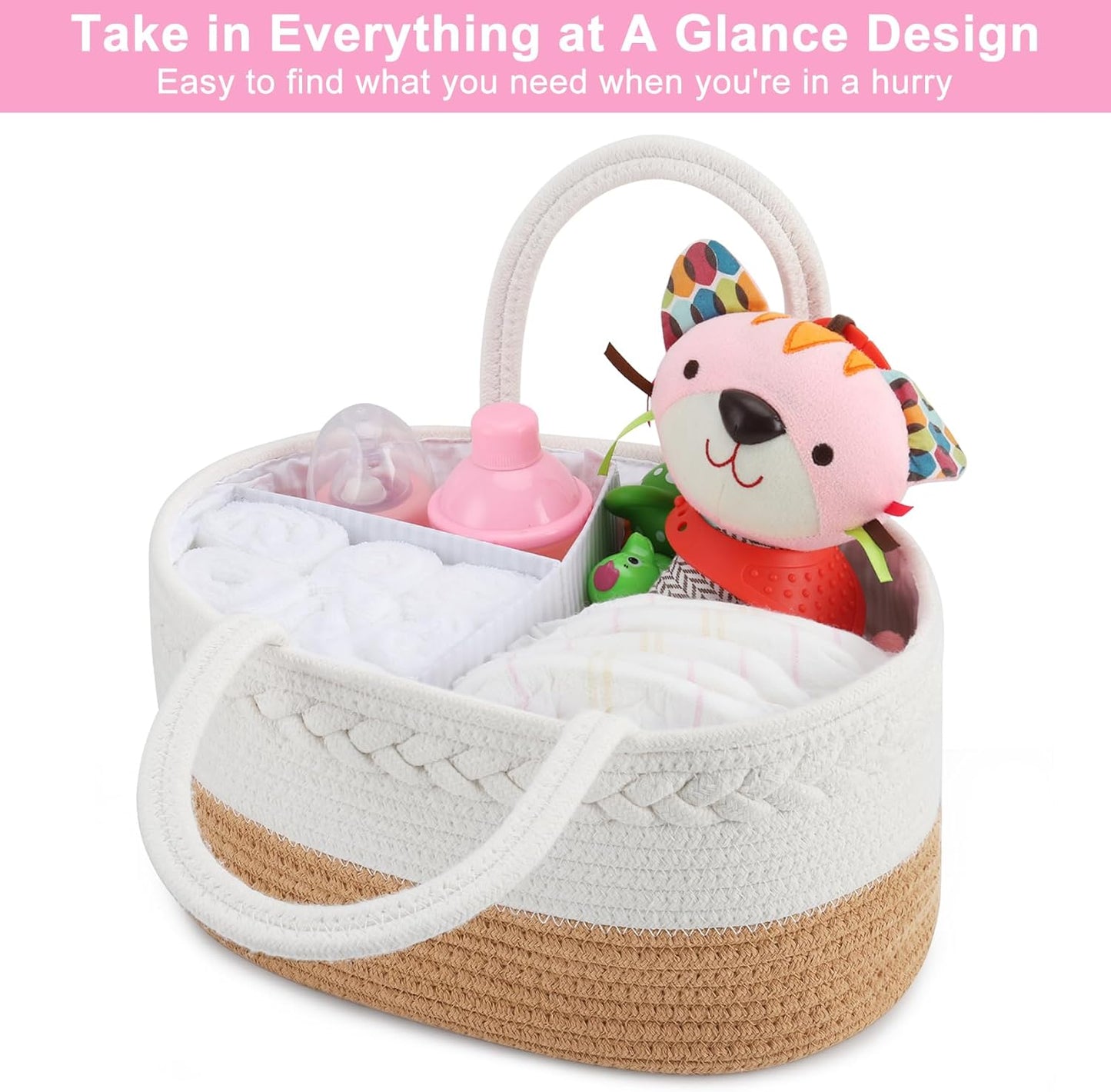 ABenkle Baby Diaper Caddy, Nursery Storage Bin and Car Organizer for Diapers and Baby Wipes, Cotton Rope Diaper Basket Caddy, Changing Table Diaper Storage Caddy