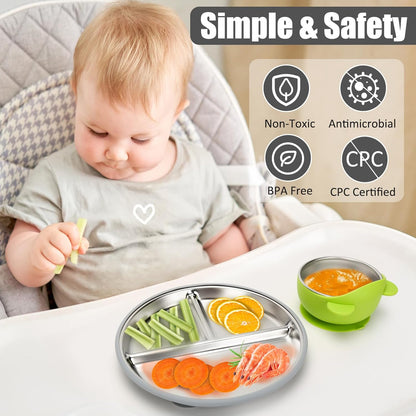 MISSLILI Stainless Steel Baby Plate and Bowls with Suction, Divided Kids Baby Plate and Toddler Bowl with Removable Silicone Suction, Non-Slip Baby Feeding Set Dishwasher Safe，4 Packs