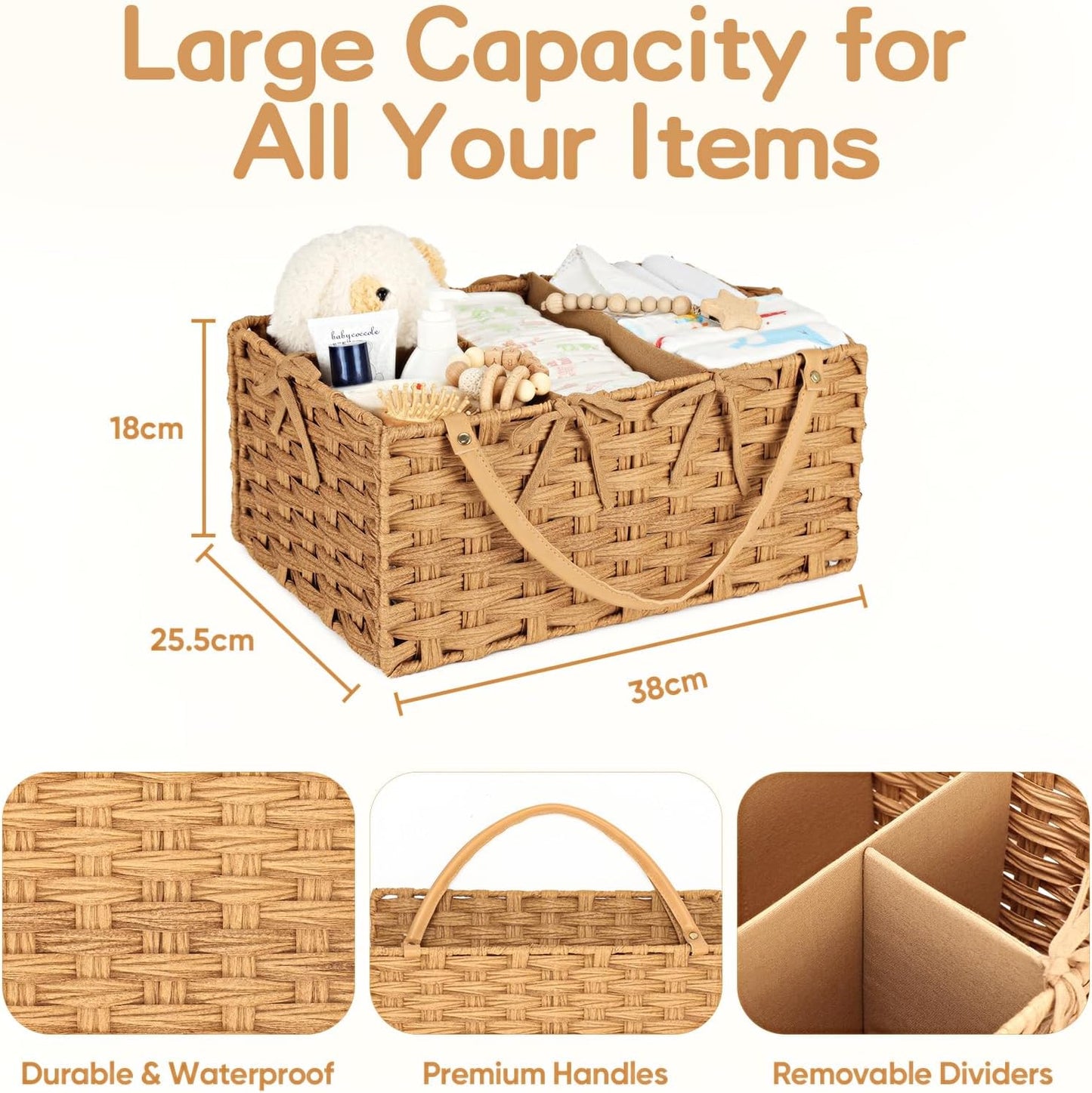 Diaper Caddy Organizer, Hand Rattan Nursery Storage Basket for Baby Essentials, Baby Changing Table Organizer Perfect Nursery Assistant, Easy Assemble (Natural Light, L)