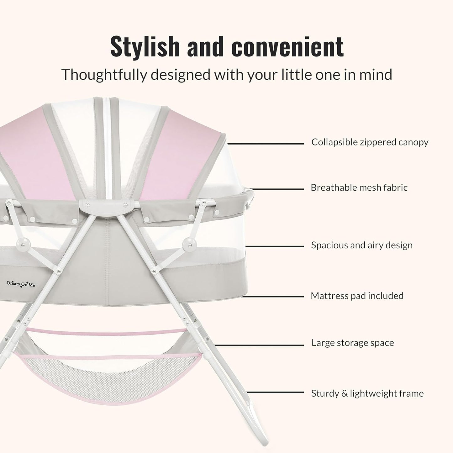 Dream On Me Karley Bassinet, Award Winner Lightweight Travel Baby Bassinet, Foldable Bedside Sleeper, Adjustable Double Canopy, Spacious Design, Soft Fabric, Storage Basket – Blue and Grey