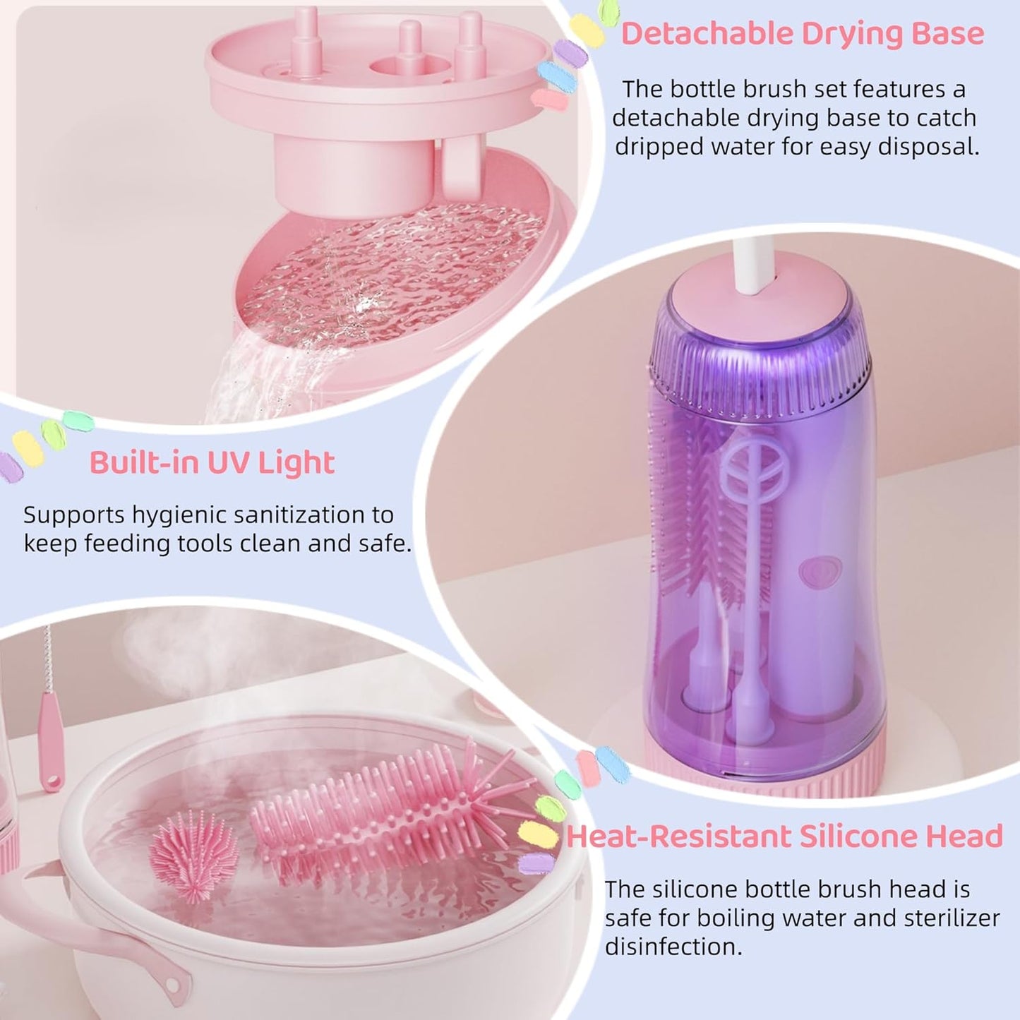 Portable Electric Silicone Bottle Brush Set, 7-in-1 UV LIGHT USB Charging, Nipple/Straw Cleaner, Milk Mixer, Built-in Drying Rack & Storage Case, BPA-Free, IPX7, On-the-Go for New Parents (Blush)