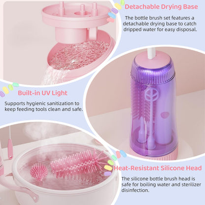 Portable Electric Silicone Bottle Brush Set, 7-in-1 UV LIGHT USB Charging, Nipple/Straw Cleaner, Milk Mixer, Built-in Drying Rack & Storage Case, BPA-Free, IPX7, On-the-Go for New Parents (Blush)