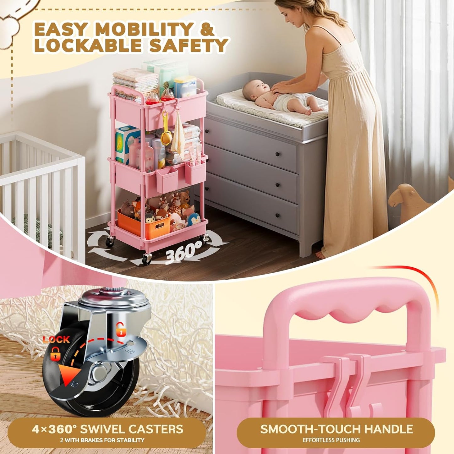 Goovilla Diaper Cart with Lockable Wheels and Easy Assembly, 3 Tier Black Rolling Cart for Baby Nursery Storage, Sturdy Ample Diaper Caddy Organizer for Baby Girl, Boy, New Mom, Newborn Essentials