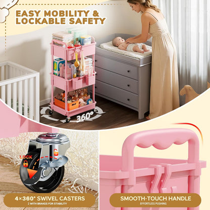 Goovilla Diaper Cart with Lockable Wheels and Easy Assembly, 3 Tier Black Rolling Cart for Baby Nursery Storage, Sturdy Ample Diaper Caddy Organizer for Baby Girl, Boy, New Mom, Newborn Essentials