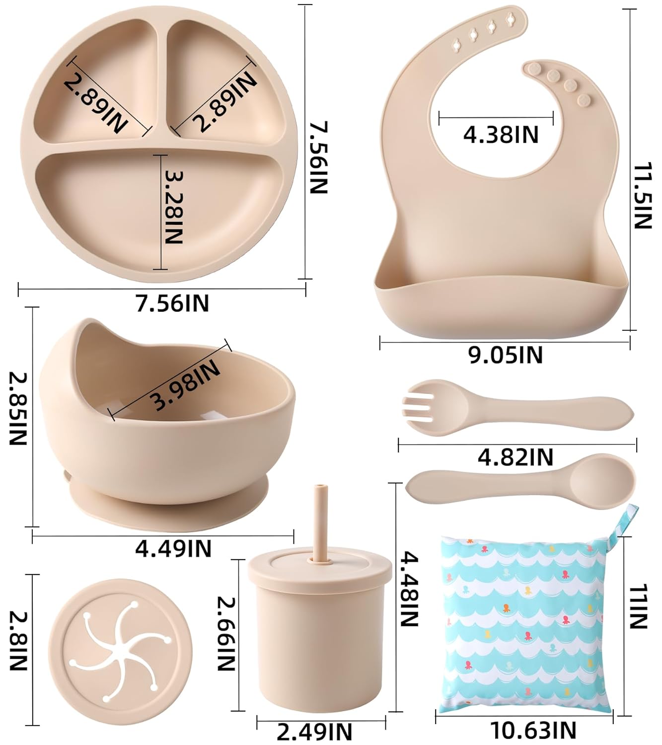 Silicone Baby Feeding Set, 10 Pcs Baby Led Weaning Supplies Baby Eating Essentials Set with Suction Bowl Divided Plate Adjustable Bib Soft Spoon Fork Cup with Lid Drinking Cup, Travel Bag (Blue)