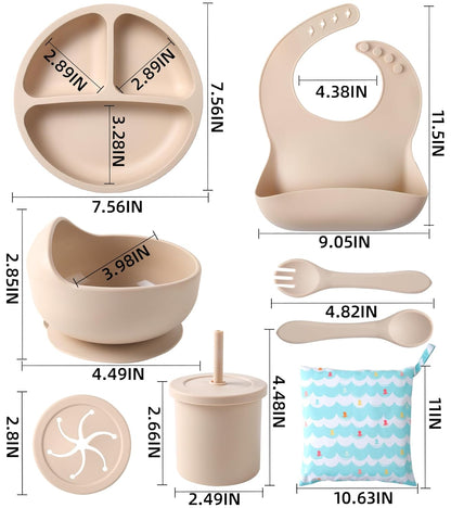 Silicone Baby Feeding Set, 10 Pcs Baby Led Weaning Supplies Baby Eating Essentials Set with Suction Bowl Divided Plate Adjustable Bib Soft Spoon Fork Cup with Lid Drinking Cup, Travel Bag (Blue)