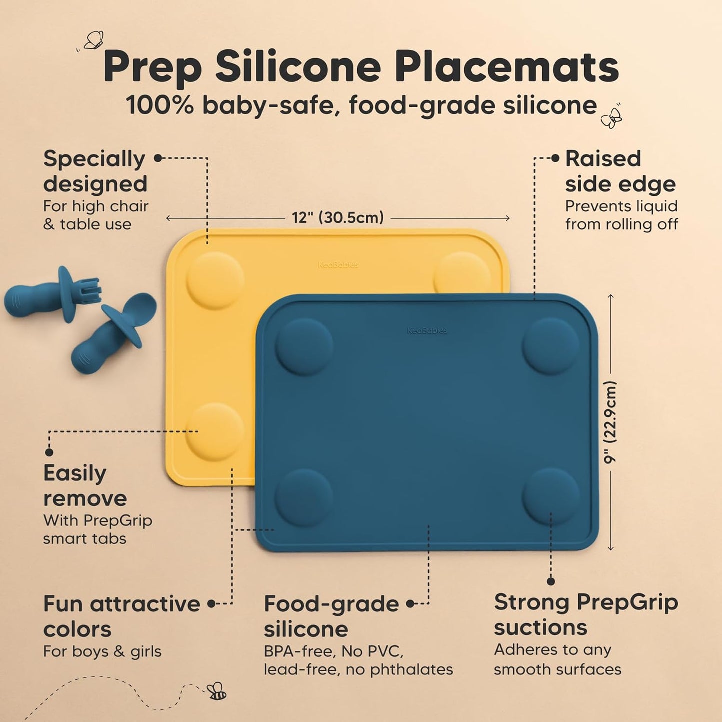 KeaBabies 2pk Silicone Placemats for Toddlers, Kids - 12x9 Non Slip Suction Baby Silicone Placemat for Restaurants, Dining Table,Travel, Easy to Clean, Food Grade/BPA-Free,Small Baby Table Mat(Slate)