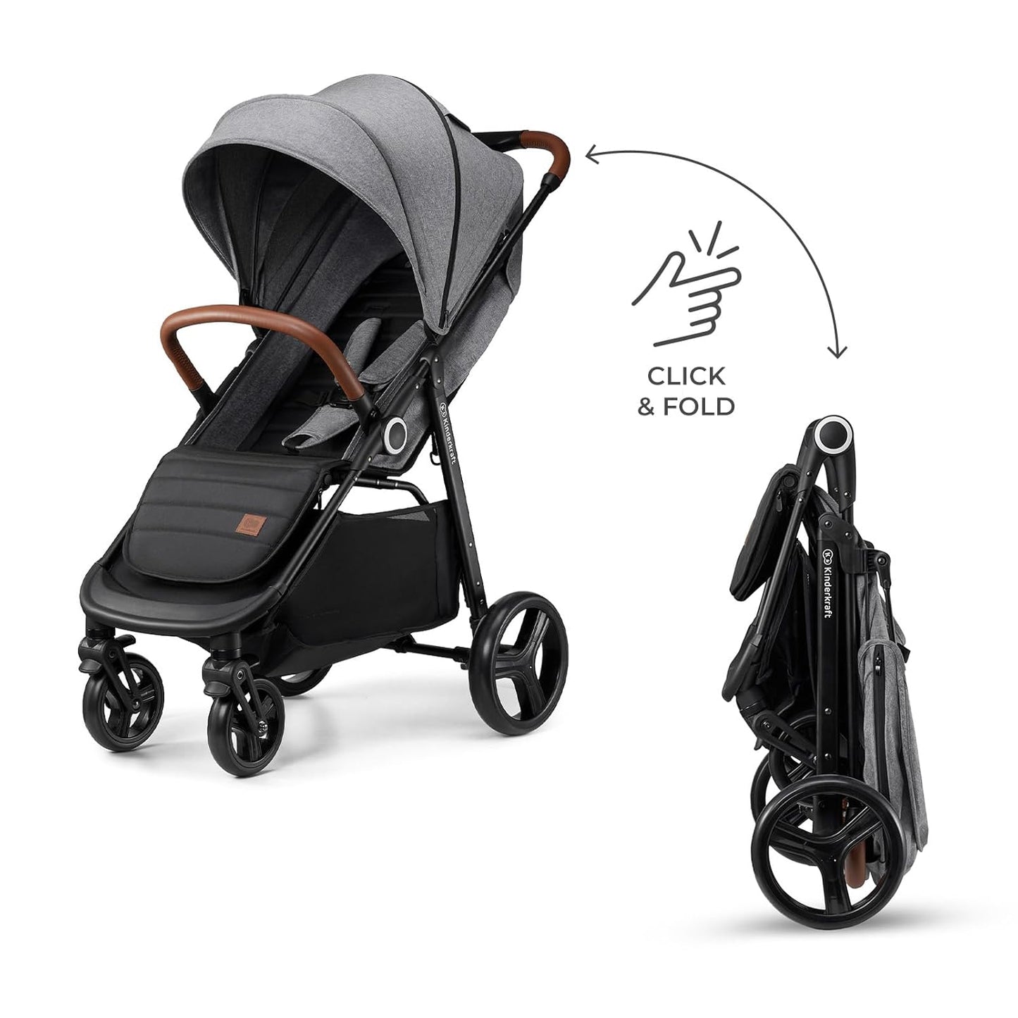 Kinderkraft Grande Plus Kinderkraft Buggy from Birth to 48.5 lb, one-Hand Folding, Reclining Position, Large Canopy with Window, All 4 Wheels dampened, Spacious seat, Black