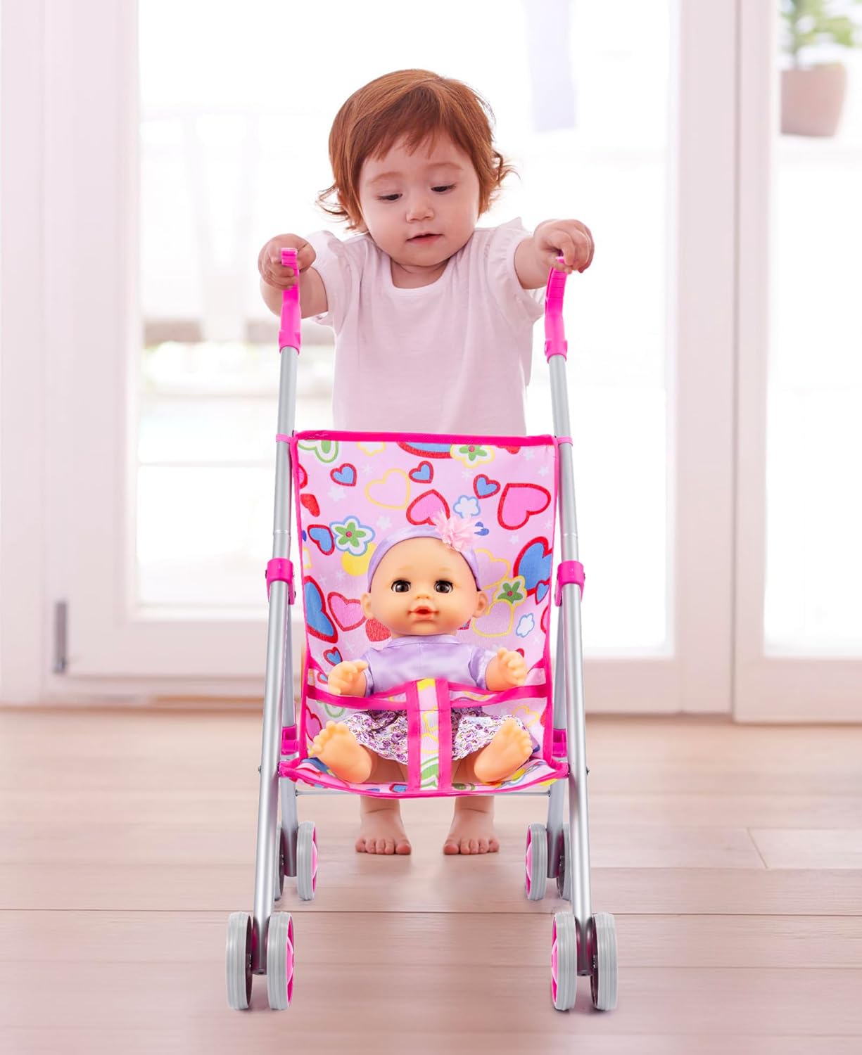 GAGAKU Baby Doll Stroller for Toddlers, Foldable Toy Stroller with Storage Basket and Bag, Diapers - Reborn Doll Accessories for Girls & Kids Ages 3+, Pink