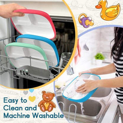 Domensi Kids Porcelain Plates with Silicone Sleeves 8.2 Inch Divided Porcelain Plate Toddler White Suction Dishes for Baby Troubleless Eating Microwave Dishwasher Safe(Stylish,3 Set)