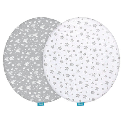 Bassinet Sheets Fit for Simmons Kids By The Bed City Sleeper Bassinet(Twins), Moses Basket and Hospital Bassinet, 100% Cotton, 2 Pack, Gray and White Print - Colors A