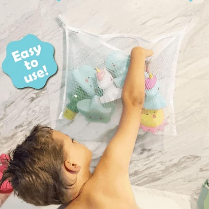 Bath Toy Organizer Includes Suction Cup Hooks and Adhesive Hooks and Tub Toy Mesh Bag White