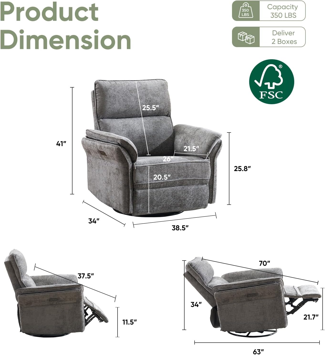 Oversized Glider Rocker Recliner, 26" Extra Wide 360° Swivel Nursery Recliner with Adjustable Headrest, Chenille Rocking Nursery Chair with Overstuffed Armrest, Lumbar Support, Light Grey