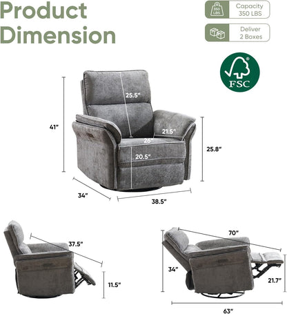 Oversized Glider Rocker Recliner, 26" Extra Wide 360° Swivel Nursery Recliner with Adjustable Headrest, Chenille Rocking Nursery Chair with Overstuffed Armrest, Lumbar Support, Light Grey