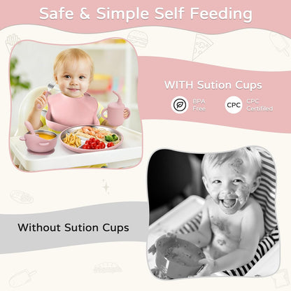 Toddler Plates and Bowls Set Stainless Steel - Bathchef Baby Feeding Set Strong Suction, BPA Free Durable Divided Plates, Safe Self Baby Feeding Utensils,Cup,Spoon,Fork,Dishwasher Safe,6pcs,Pink