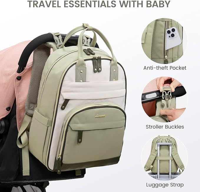 LOVEVOOK Diaper Bag Backpack, Baby Bag with Changing Pad, Large Diaper Backpack Boy Girl, Waterproof Baby Registry Bag for Mom Dad with Stroller Buckles, Light Green-beige-olive Green