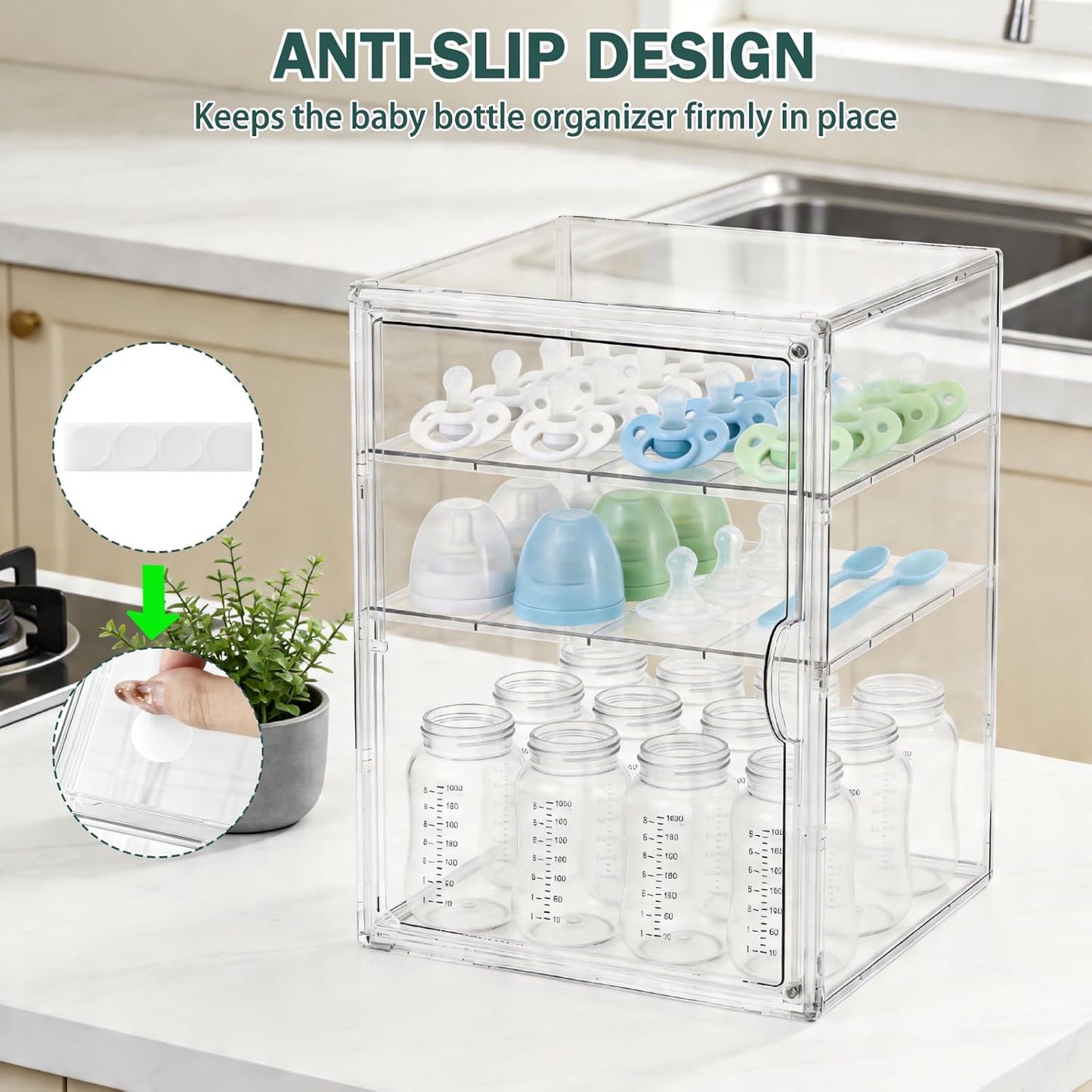 Baby Bottle Organizer, 3-Tier Bottle Storage for Countertop with Double Magnetic Doors, Clear Plastic Bottle Station Organizer Mom Gifts with 2 Dividers for Kitchen, Bathroom, Cabinet, Vanity