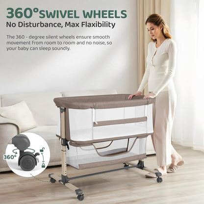 Cowiewie Bassinet Bedside Sleeper, Portable, Breathable, Adjustable Baby Bedside Bassinet for Peaceful Nights, Light Grey