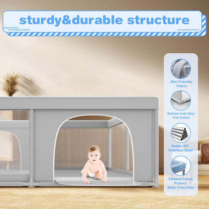 XVISHX Baby Playpen 50 x 50 Inch Play Pen Playards, Playpen for Babies and Toddlers, Baby Playard for Indoor & Outdoor Active Center Game Fence, with Skin-Friendly Fabric and Soft Breathable Mesh Grey