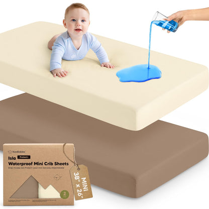2-Pack Waterproof Pack and Play Sheets, Mini Crib Sheets Fitted for Boy, Girl - 38 x 26 Viscose from Bamboo Pack N Play Mattress Sheets for Graco, Toddler Playard Baby Crib Sheets Neutral (Blue Flax) - Colors B
