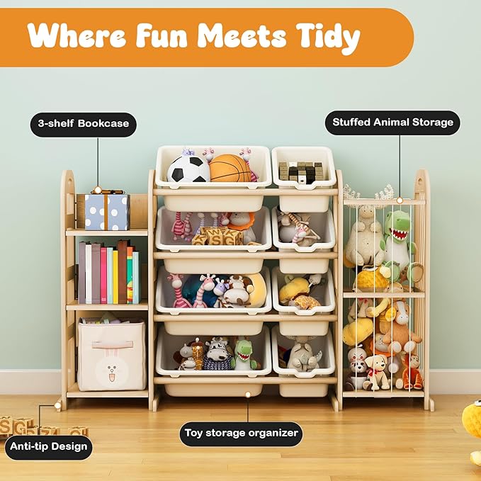 Wooden Toy Storage Organizer, Toy Organizers & Storage with Stuffed Animal Storage, Toy Storage Shelf with 3 Shelves, 8 Storage Bins, Kids Bookshelf, Toy Holder for Toddler Rooms, Playrooms, Bedrooms
