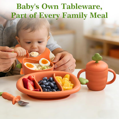Carrot Shape Silicone Baby Feeding 6 Pack Set, 1 Suction Bowl & Plate, Bib, Spoon, Fork, Cup (Bowl with Spoon and Fork)