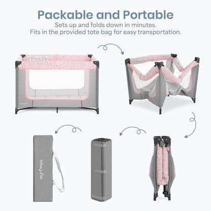 Dream On Me Zodiak Baby Playard, Breathable Mesh Sides, Soft Comfortable Mattress, Quick & Easy to Fold with Travel Carry Bag, Compact Space Saving Design - Grey/Green