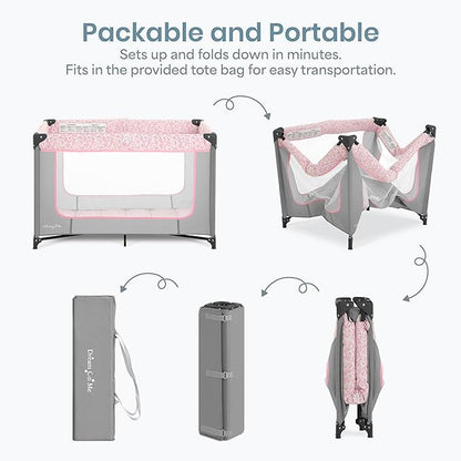 Dream On Me Zodiak Baby Playard, Breathable Mesh Sides, Soft Comfortable Mattress, Quick & Easy to Fold with Travel Carry Bag, Compact Space Saving Design - Grey & Pink