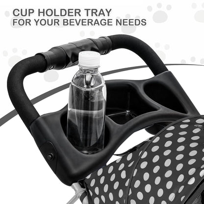 MoNiBloom Foldable Pet Stroller with Weather Cover, 3 Wheels Pet Strolling Cart for Small/Medium Dogs and Cats with Storage Basket and Cup Holder, Breathable and Visible Mesh for All-Season, Black
