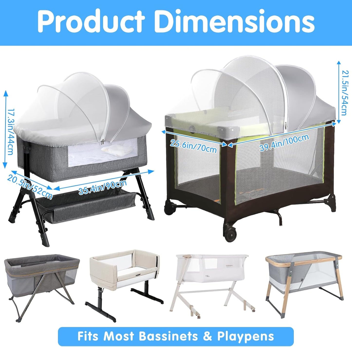 Bassinet Mosquito Net Cover - Half-Blackout Mosquito Net for Baby Crib & Bedside Sleeper, Breathable Crib net with 2-Way Zipper, Sun-Blocking Baby Mosquito Net Cover (Gray-Small)