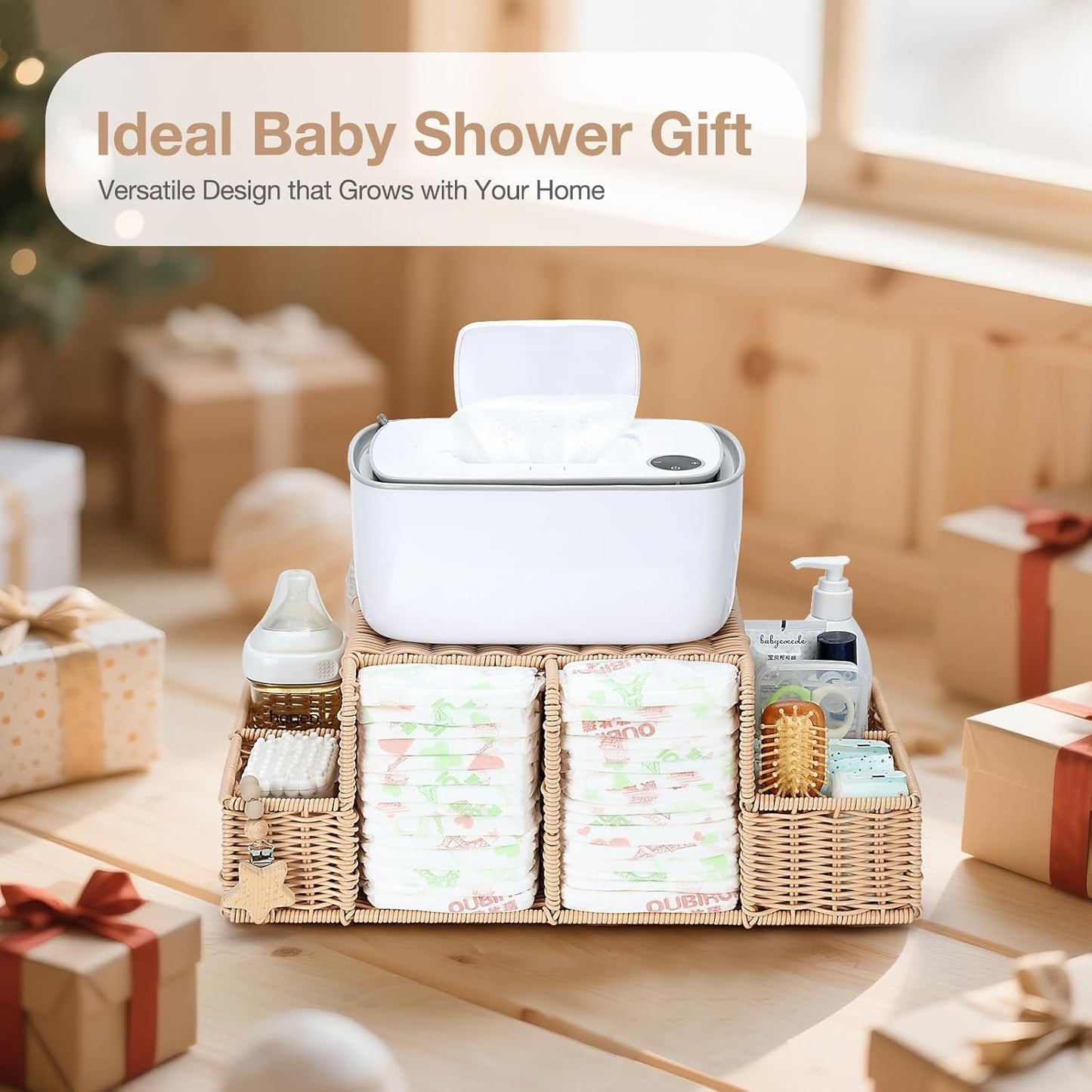 Diaper Caddy Organizer, Hand Rattan Nursery Storage Basket for Baby Essentials, Baby Changing Table Organizer Perfect Nursery Assistant (Natural Light Woven - Style 1, M)