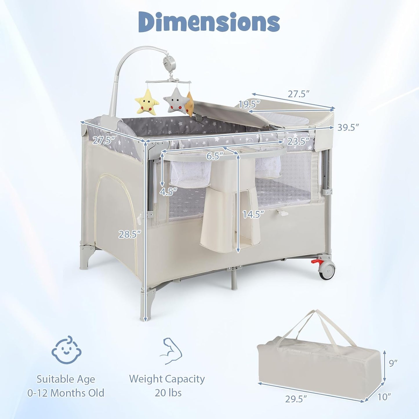 BABY JOY 5-in-1 Pack and Play, Portable Baby Bedside Sleeper with Bassinet, U-Shaped Diaper Changer, Safety Strap, Side Zipper Entrance, Hangings, Bedside Crib Playard from Newborn to Toddlers (Gray)