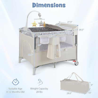 BABY JOY 5-in-1 Pack and Play, Portable Baby Bedside Sleeper with Bassinet, U-Shaped Diaper Changer, Safety Strap, Side Zipper Entrance, Hangings, Bedside Crib Playard from Newborn to Toddlers (Gray)