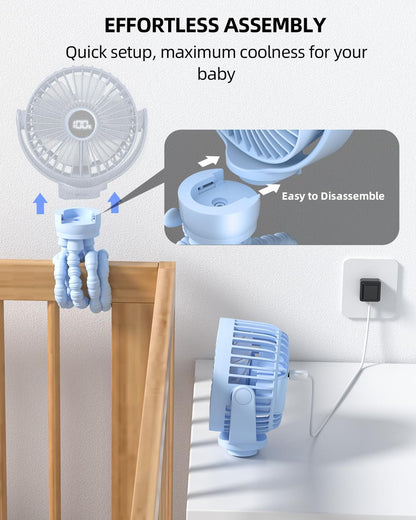 Portable Stroller Mini Fan, Small Rechargeable Personal Fan, Baby Travel Essentials for Wagon, Car Seat, Treadmill, Battery Powered Biking Gear Accessories, 360° Rotation, 3-Speed, Display, Black