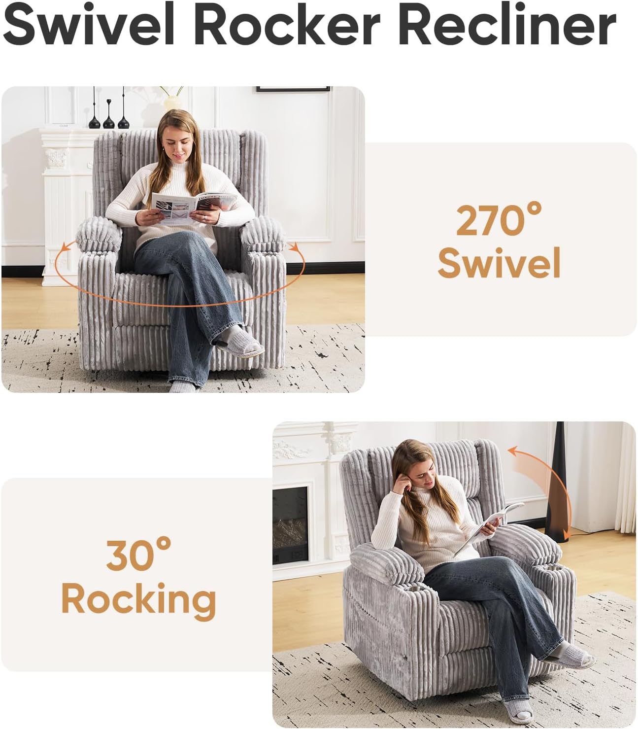 Oversized Power Recliner Chair with Massage and Heat, Swivel Rocker Recliner Chair for Adults with Arm Storage, Nursery Glider Recliner with Adjustable Headrest and Phone Stand, Side Pockets, Beige