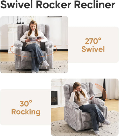 Oversized Power Recliner Chair with Massage and Heat, Swivel Rocker Recliner Chair for Adults with Arm Storage, Nursery Glider Recliner with Adjustable Headrest and Phone Stand, Side Pockets, Beige