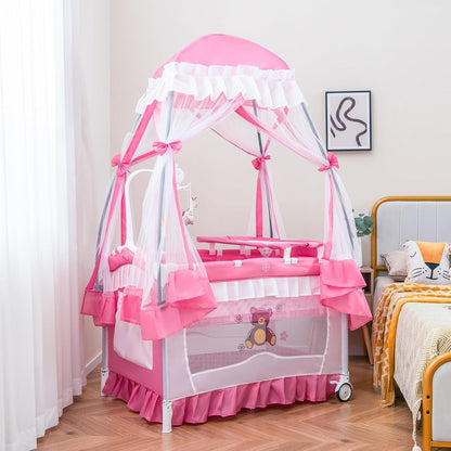 HONEY JOY 4-in-1 Pack and Play with Canopy, Portable Baby Playard w/Changing Table and Infant Bassinet, Cute Toys & Music, Foldable Bassinet for Newborn and Toddler (Hot Pink)