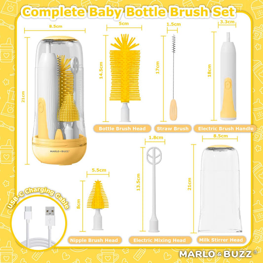 Marlo & Buzz Electric Baby Bottle Brush Cleaner Set, Rechargeable Waterproof Silicone Brushes with Large Bottle Brush, Nipple Brush, Straw Brush, Milk Stirrer, Drying Rack (Yellow)