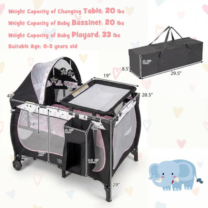 BABY JOY 4 in 1 Pack and Play with Canopy, Portable Baby Playard with Bassinet, Double-Layer Baby Crib, Wheels & Brake, Foldable Baby Girl Pink Princess Bassinet from Newborn to Toddler